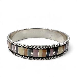 Brighton Cabana Neutral Stripe Bangle Bracelet Silver Tone Pink Cream Tan